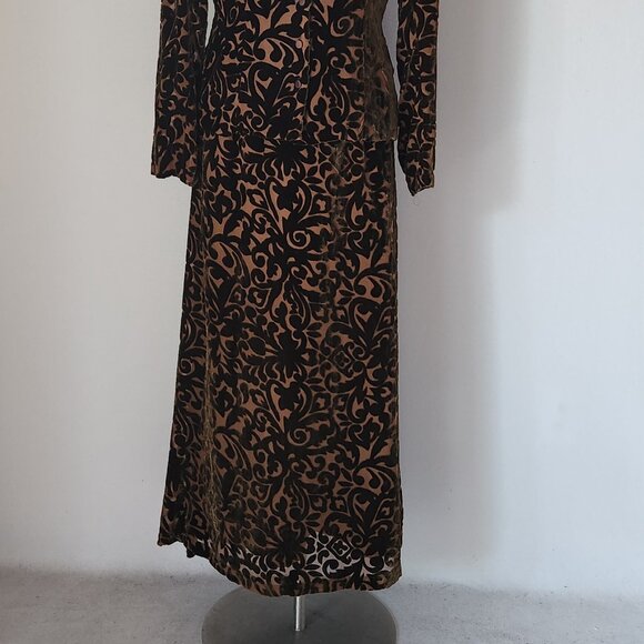 Wah Maker True West Burnout Velvet Midi A-Line Skirt Silk Blend Brown - Picture 3 of 10